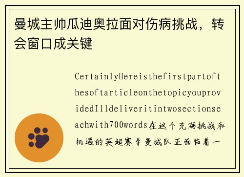 曼城主帅瓜迪奥拉面对伤病挑战，转会窗口成关键