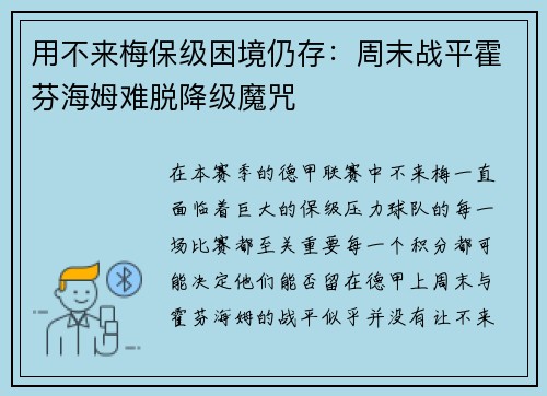 用不来梅保级困境仍存：周末战平霍芬海姆难脱降级魔咒