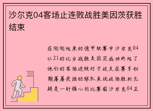 沙尔克04客场止连败战胜美因茨获胜结束